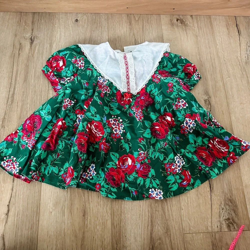 Vintage Girls 3T Kalula Kids Green & Red Rose Floral Dress‎ Lace Collar 90's
